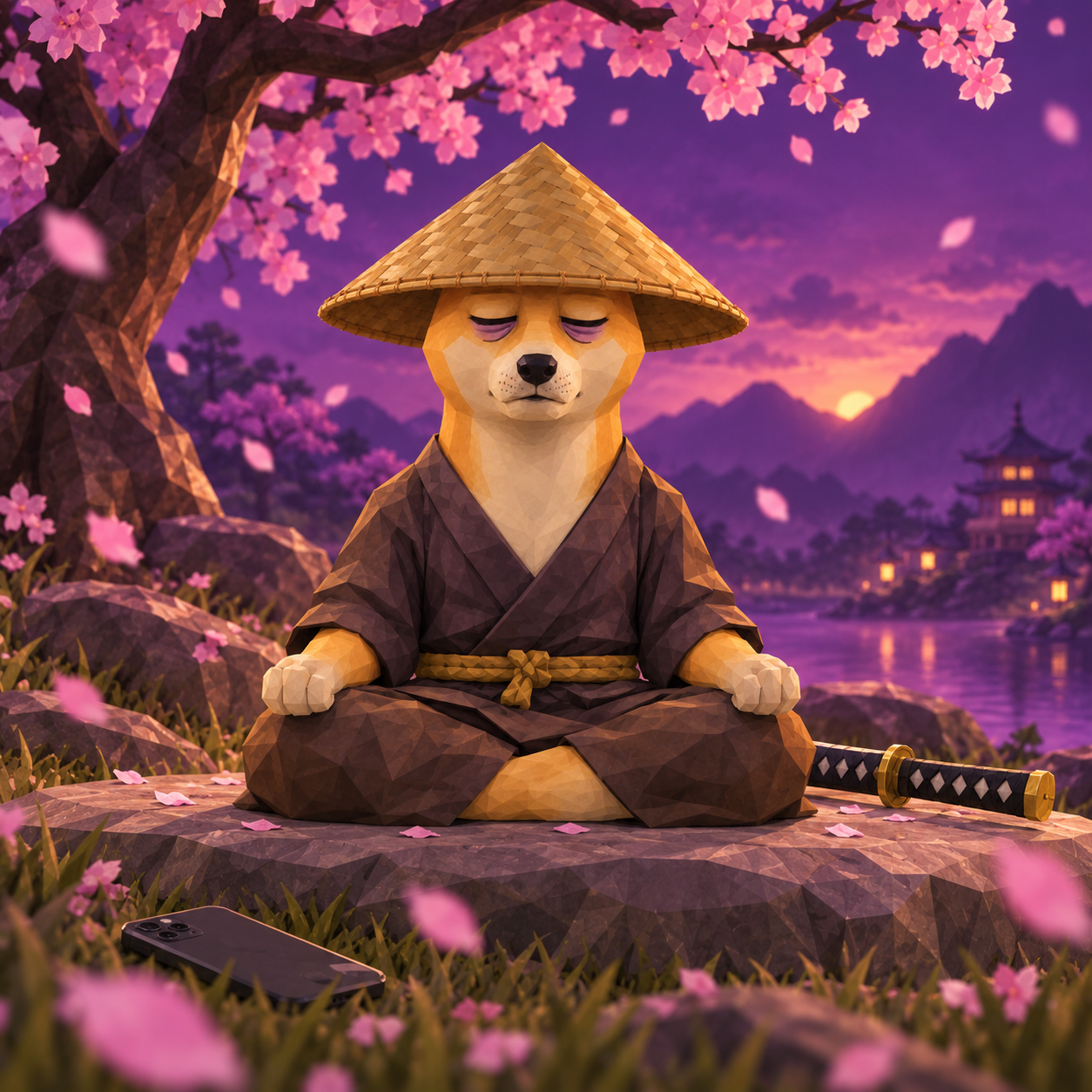 UNGOON meditating cross-legged on a stone beneath a cherry tree at twilight, katana at his side and his phone abandoned in the grass